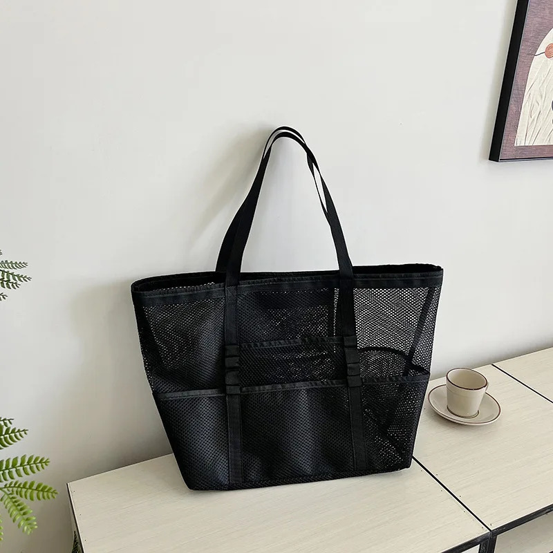 Oversized Shoulder Tote Bags For Women Mesh Fabric Hollow-out Multi-pocket Big Capacity Shopper Beach Handbags 2024 Summer R250311