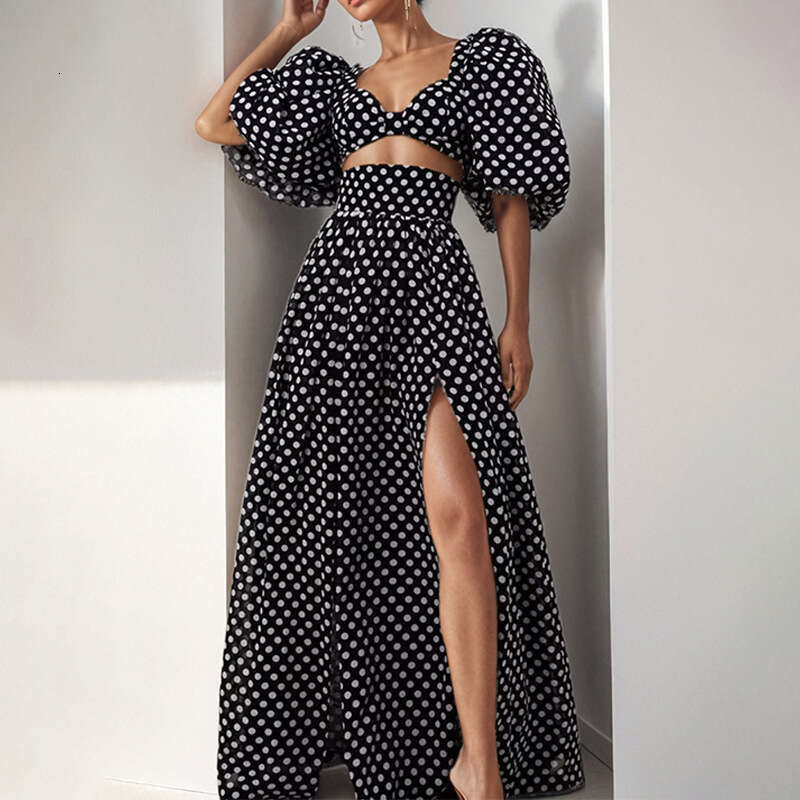 2025 Women's Fashion Vacation Style Bubble Sleeve Short Top Split Skirt Set KLMY
