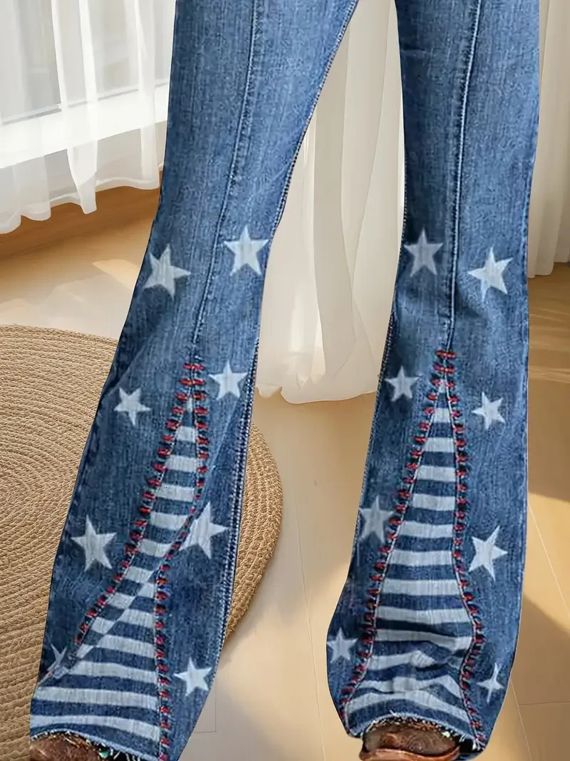 Huangs Cruel Ladies Hannah Sim Flare Denim Jeans Laser Printed Stars Raw Hem Western Womens Comfortable Stretchy Pants T05 250311