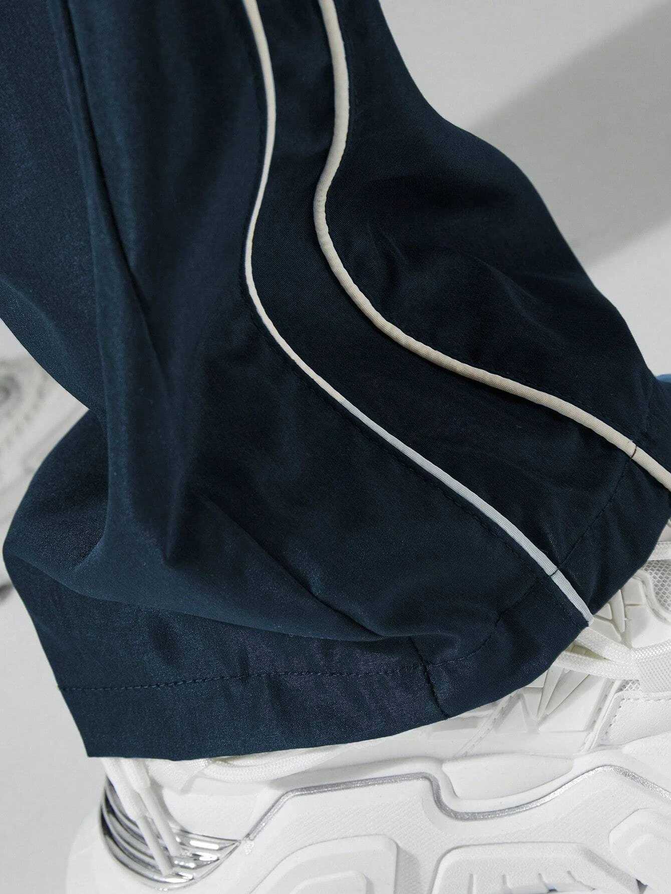 Larbulse Men Contrast Trim Trouser Fashion Casual Pants Solid Color Breathable Loose Straight Drawstring Pants StreetwearT250319
