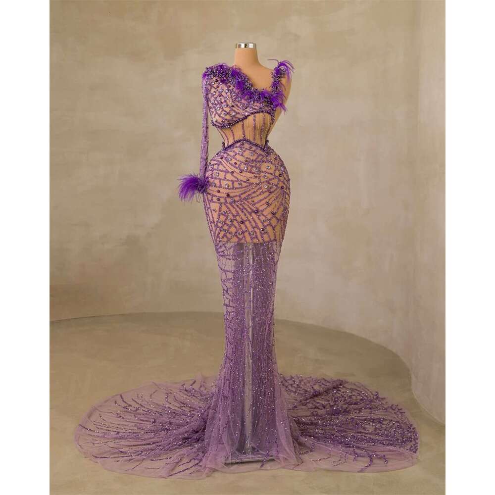 One Shoulder Stone Beaded Party for Women Illusion Crystal Feathers Personalized Evening Dress Formal Occasion Dresses