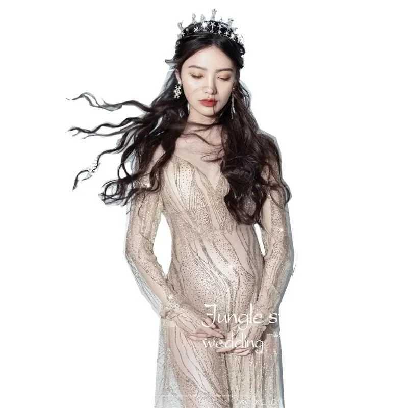 Pregnant Women Photography Props Perspective Dress Maternity Dresses Full Sleeves Pregnancy Dress For Photo Shoot Maxi GownT250311
