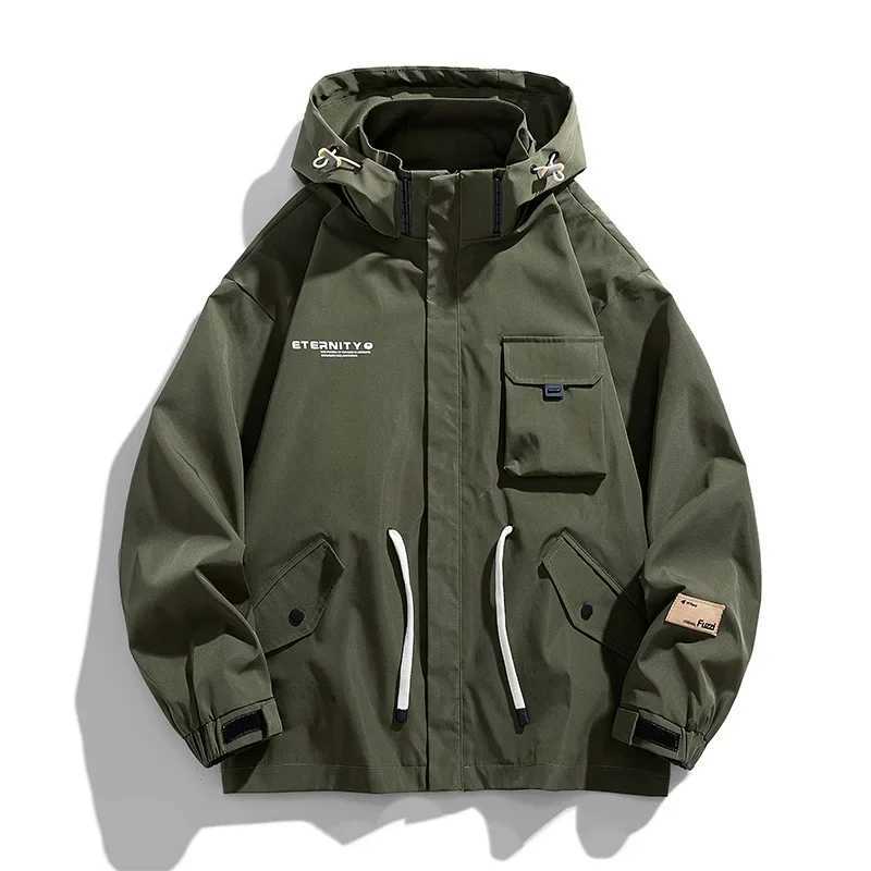 9XL Large Size Jacket Mens Spring Autumn Multi-pocket Cargo Jackets Loose Workwear Jacket Hooded Youth Coats Tops Mens ClothesT250311