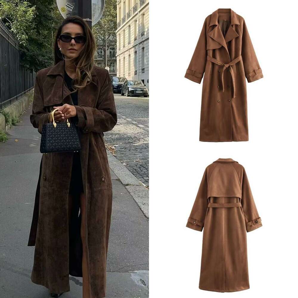 Women's Clothing 2024 Autumn And Winter New Item Pointed Collar Double Row Buckle With Belt Loose Windbreaker Jacket