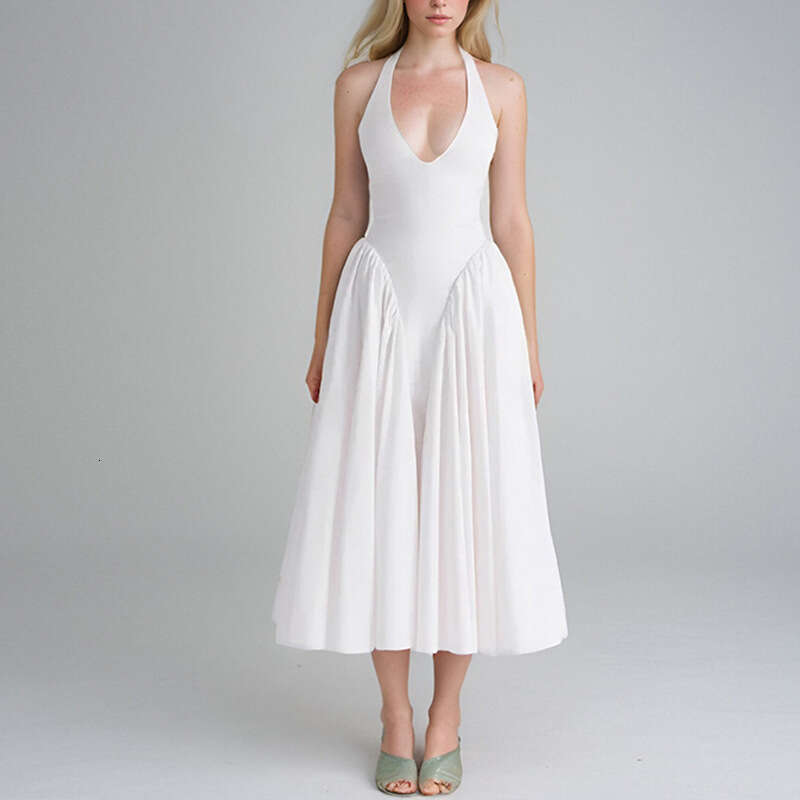 2025 Spring Women's New Sexy Fashion Hanging Neck Solid Color Sleeveless Waist Swing Dress KLMY