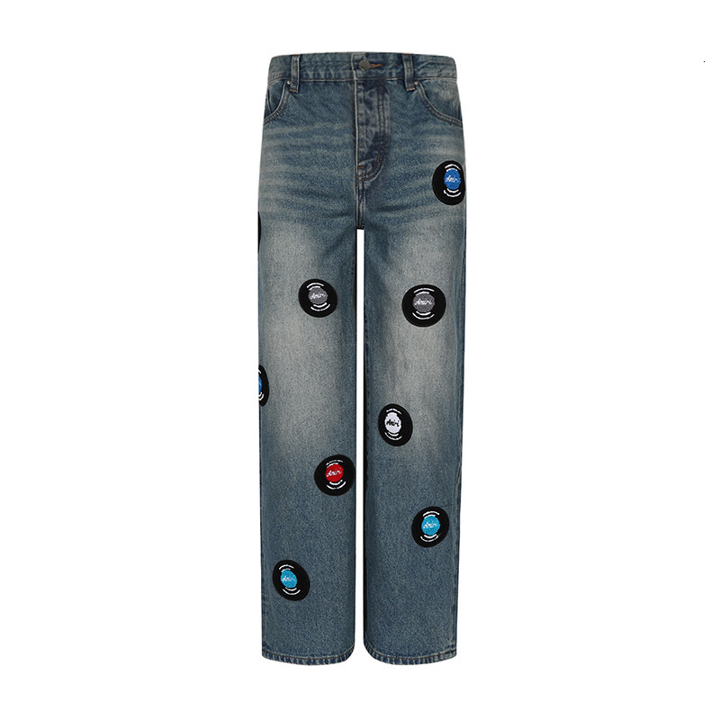 AM New Street Blue Splicing Embroidered Badge Small Foot Micro Elastic Men s Middle Waist Jeans Fashion Designer 2025 New Outdoor Casual Pants