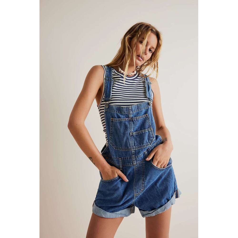 Loose fitting multi pocket shoulder strap jeans from Europe America, women's 2025 new style, chic and elegant clothing