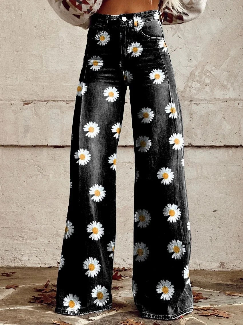 Fashionable daisy womens jeans high waist wide leg pants loose womens thin jeans 250306
