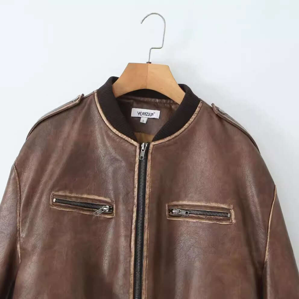 Autumn New Zipper Pilot Stand Collar Motorcycle PU Leather Jacket For Women