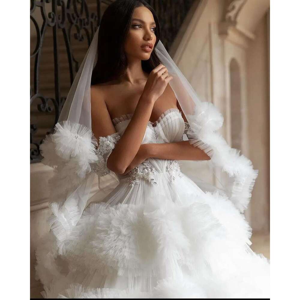 Custom dress off shoulder beads crystal ball layered pleated puffed wedding dresses