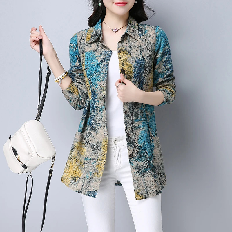 #0130 Long Sleeve Shirt Women Tie Dye Floral Print Cotton Linen Ladies Slim Casual Vintage Single Breasted 250311