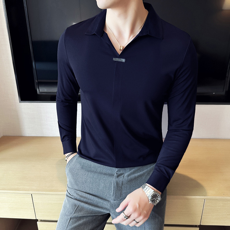Seamless long sleeved polo for business and casual trend, V-neck shirt collar, khaki T-shirt, high-end men's clothing tracksuit