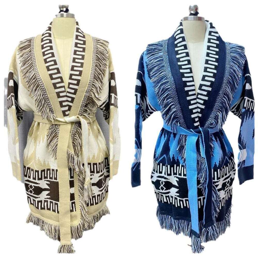 Bohemian Fringe Cardigan In Autumn And Winter, Niche Geometric Pattern, Contrasting Color Jacquard Knitted Jacket For Women