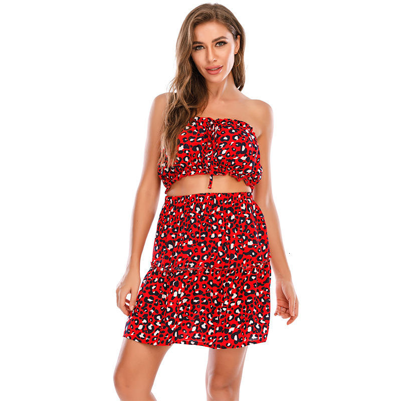 Fashion Casual Women's Leopard Print Strapless Dress Paired With Short Skirt Two-Piece Set
