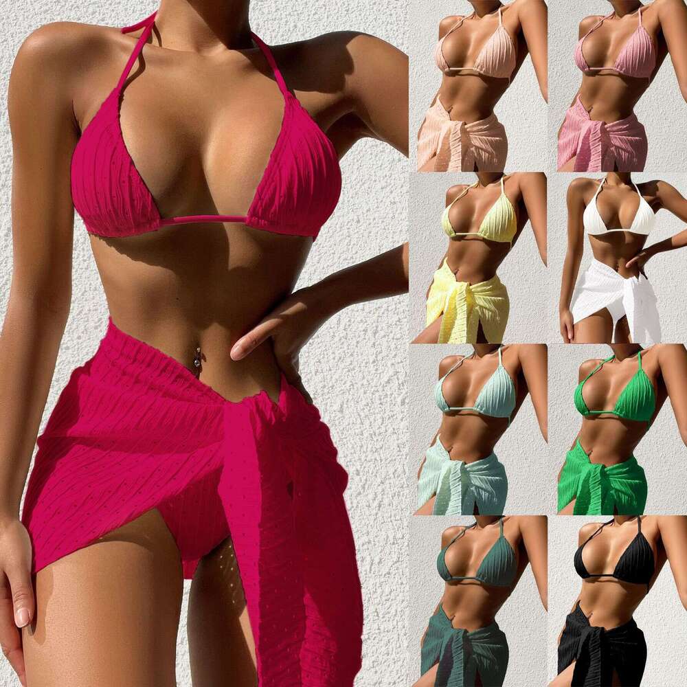 swimsuit European and American backless sexy solid color mesh short skirt bikini three piece set 2025 new casual fashion trend clothing