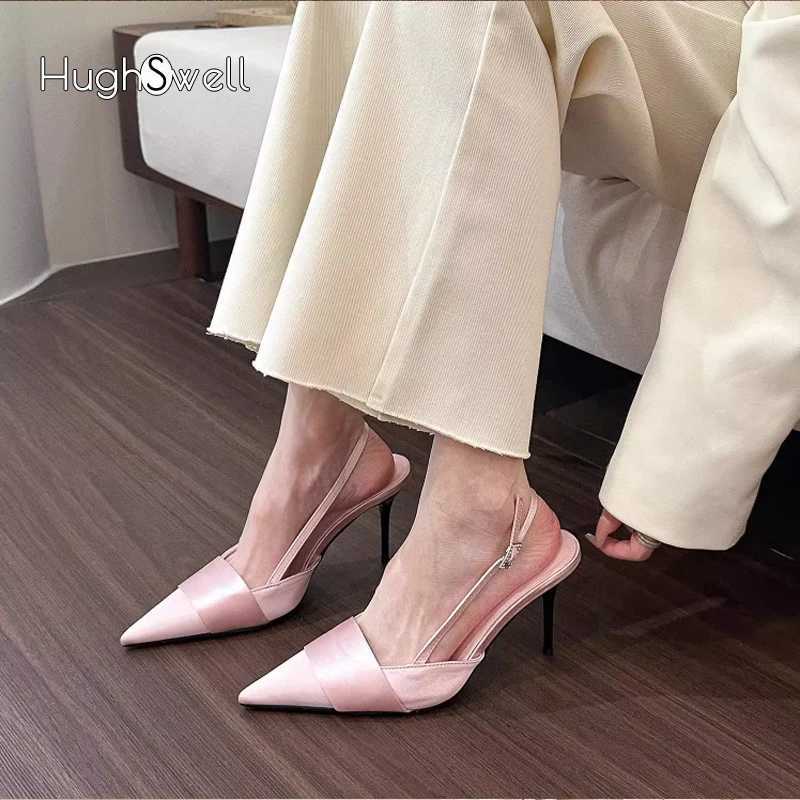 Sier Hot Satin Silk Slingback Shoes Wan Elegant Point Toe Platband Design New Pumps Ladies High Heel Ning Party Sandals Z250311