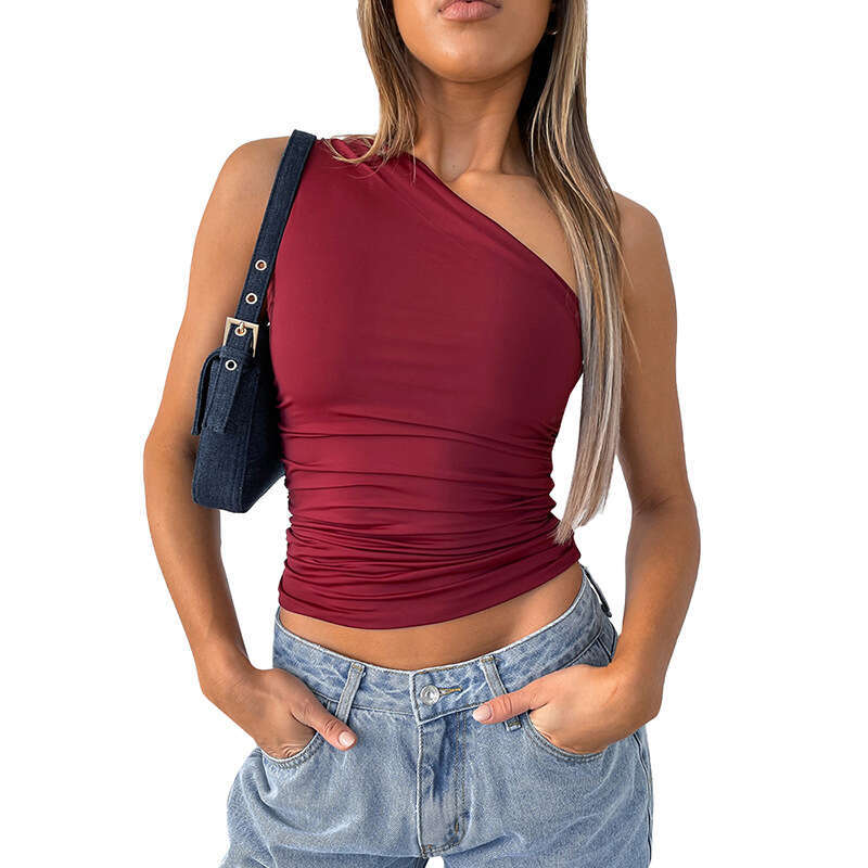 Y23TP703 European and American winter color single shoulder backless pleated vest top T-shirt, women's 2025 new casual fashion trend clothing