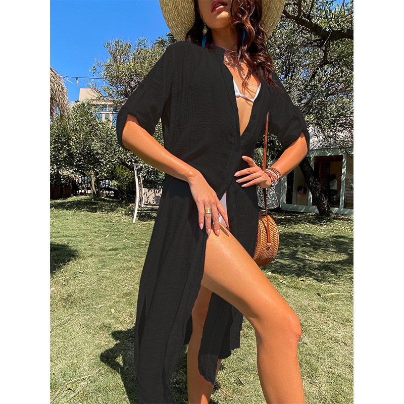 Vacation Jacket Solid Color Loose Breathable Casual Sleeved Shirt Sunscreen Cardigan Long Style