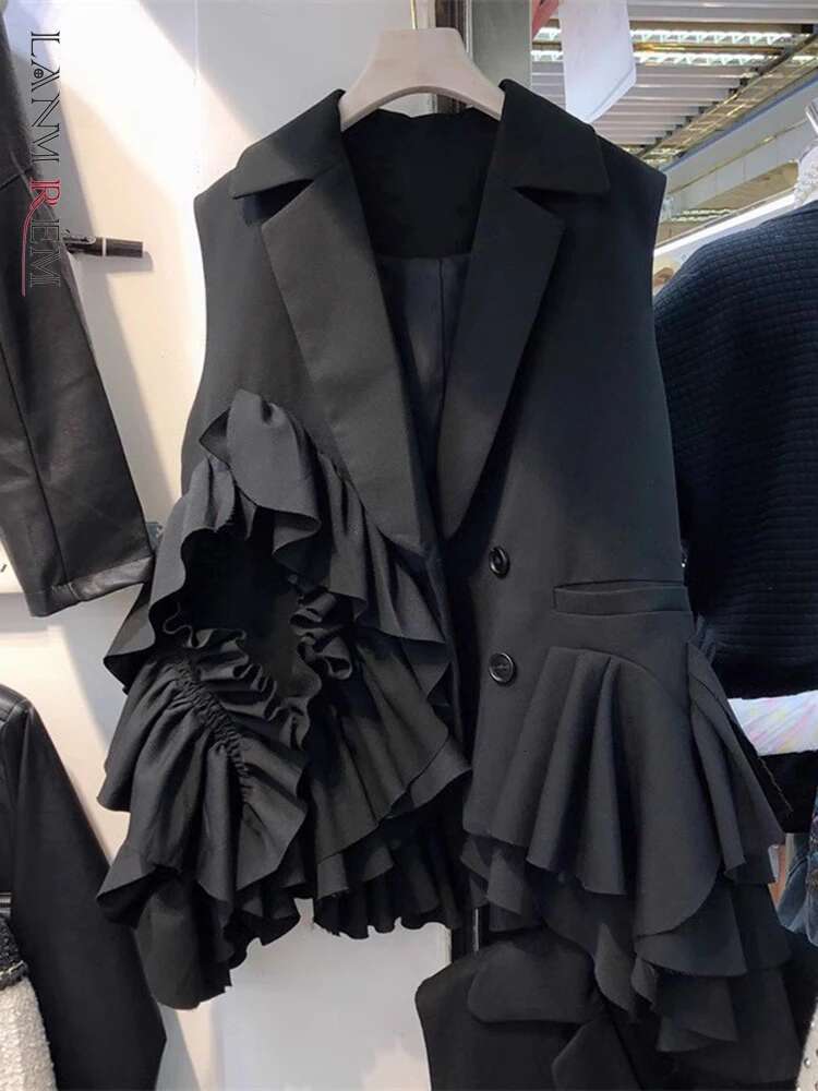 LANMREM Irregular Vest For Women Notched Collar Asymmetry Ruffles Spliced Black Coat Fashion 2025 Summer Autumn New 2Da5800