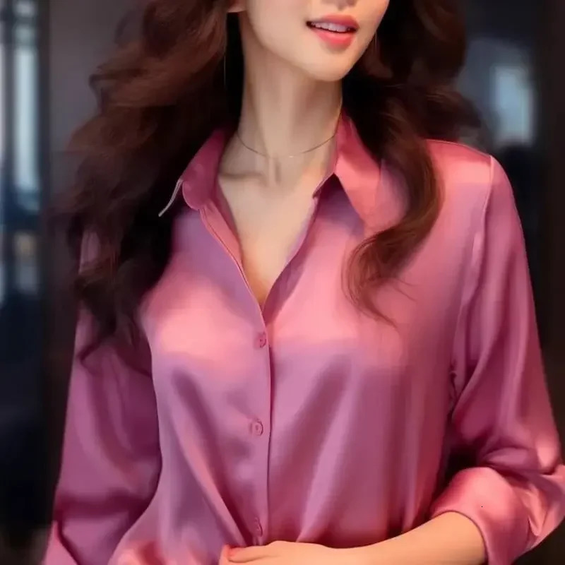 French Black Shirt Tops Spring Autumn Womens Solid PoloNeck Blouses Button Up Elegant Loose Long Sleeve Clothes Office Ladies 250310