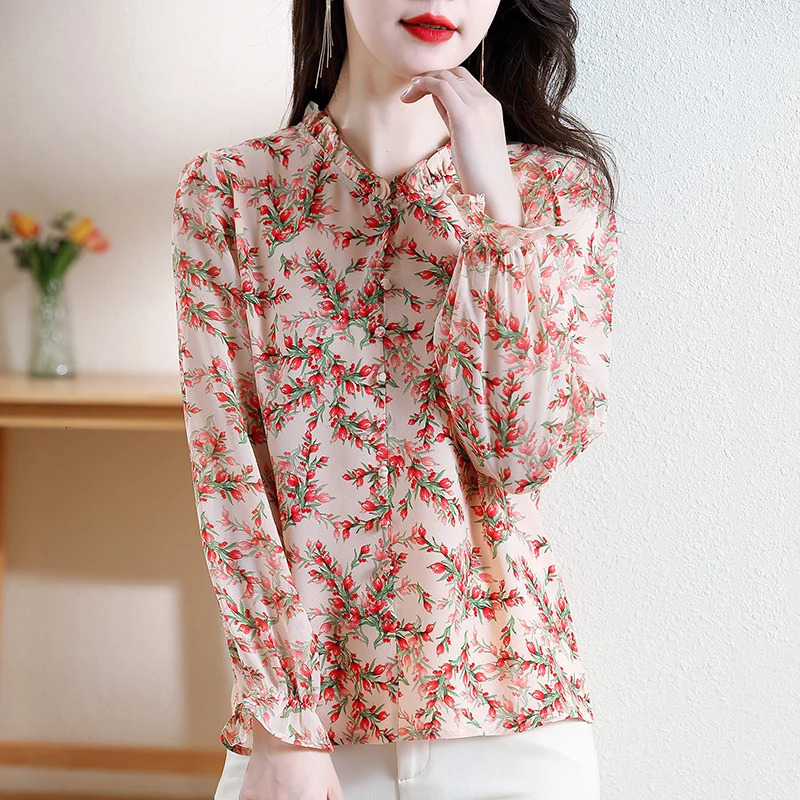Fashionable 3D rose printed chiffon shirt for spring and summer floral with pleated collar 34 sleeves womens top 250311