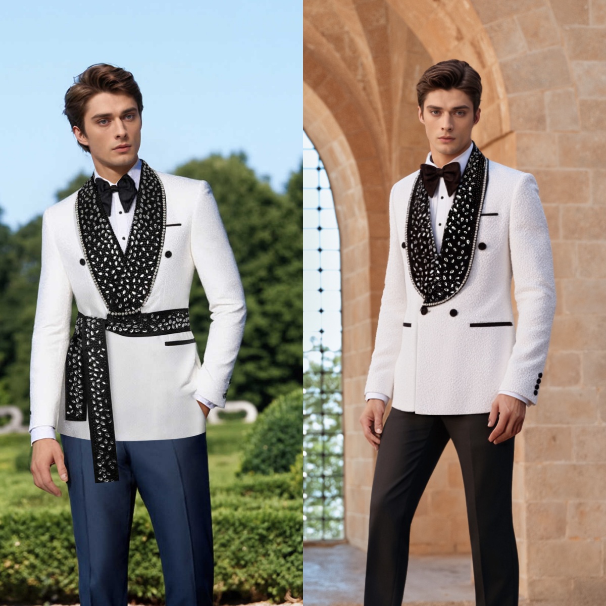 Noble Wedding Tuxedos Double Breasted Crystal Men Suit Shawl Lapel 2 Piece Set Jacket Pants Groom Business Blazers Customized