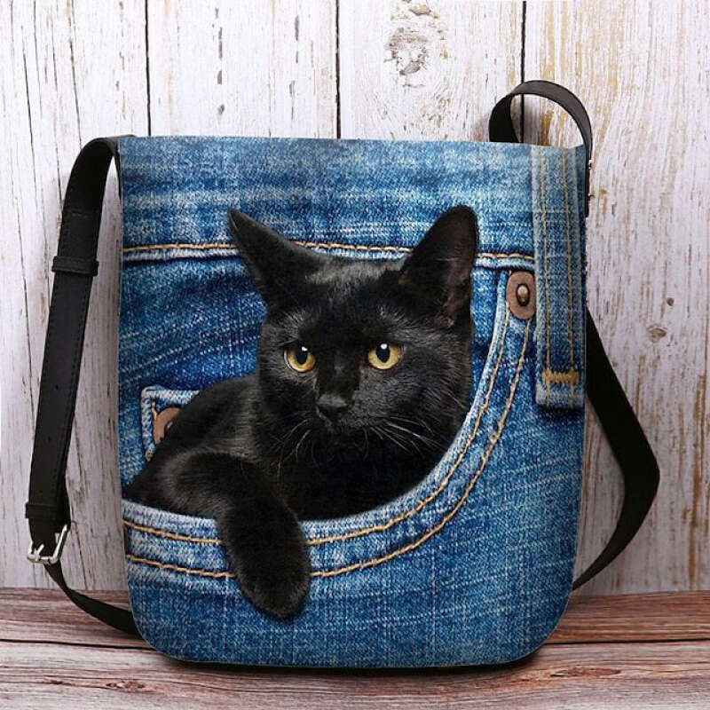 1pc Bohemian Denim-Like cking Fabric Cat Print Women - Light Blue/Red/Yellow, Polyester ed, & Stylish for Everyday Use, Outdoor Accessory Playful Desi