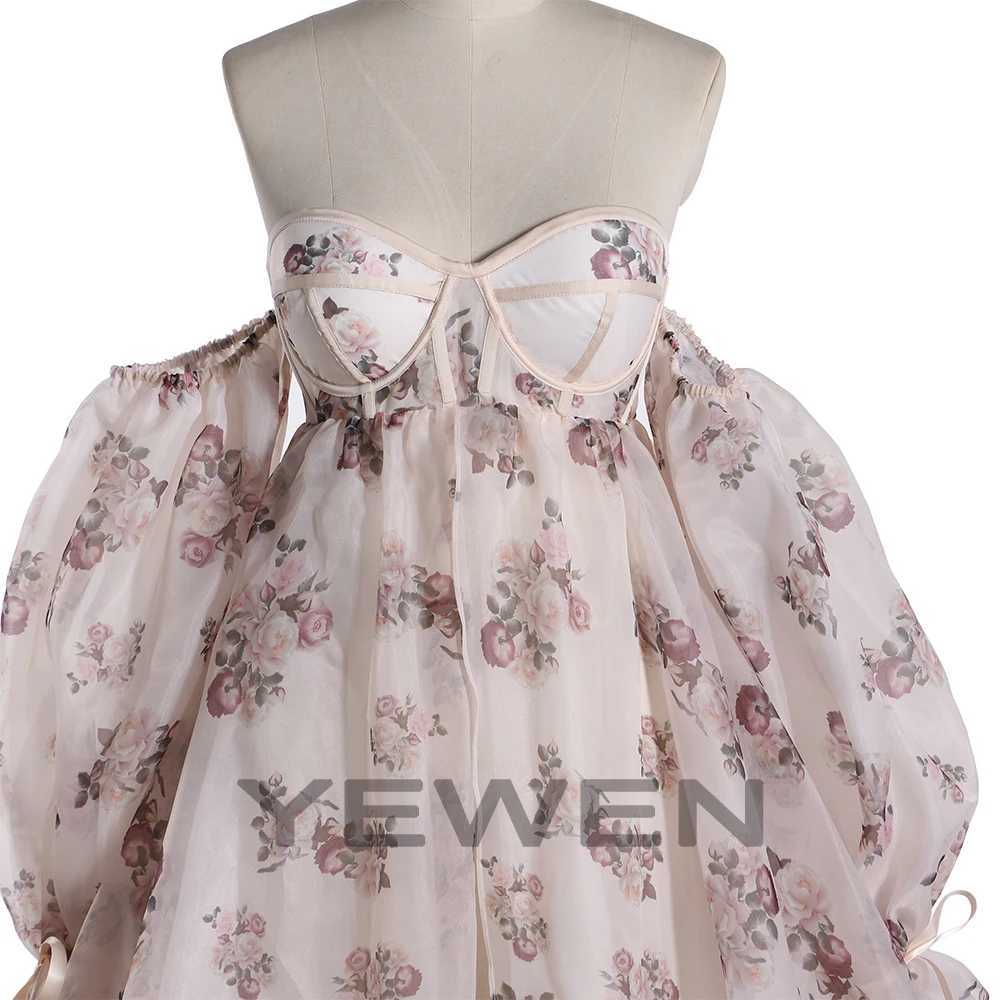 Print Floral Off Shoulder Front Slit Silk Organza Maternity Photoshoot Gown Long Train Dress for Pregnant Woman YEWEN YW240058 X250224