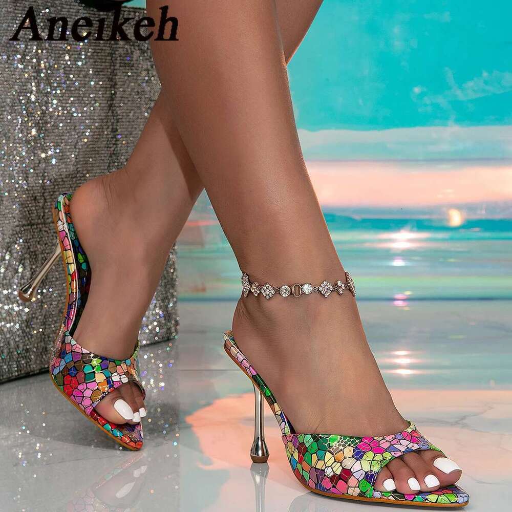 Pointed Colored Aneikeh Slim Heel Sexy Bg Slippers for Women Summer Party Prom Mules Shoes Gladiator Sandals atos