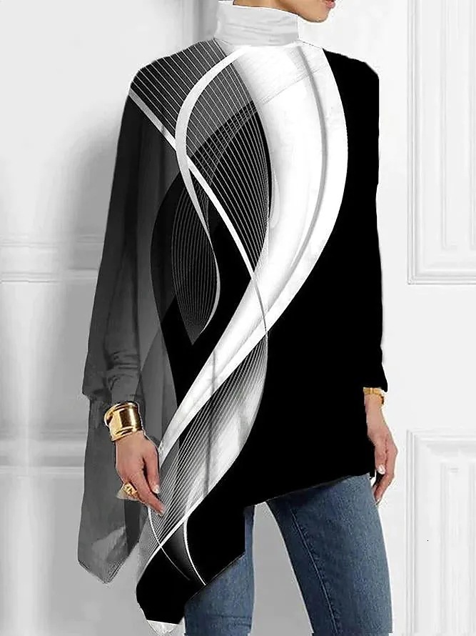 2025 New Spring and Autumn Fashion Long Sleeve High Collar Irregular T-shirt Designer Trendy 3D Printing Comfortable Polyester Trendy Short Sleeve1