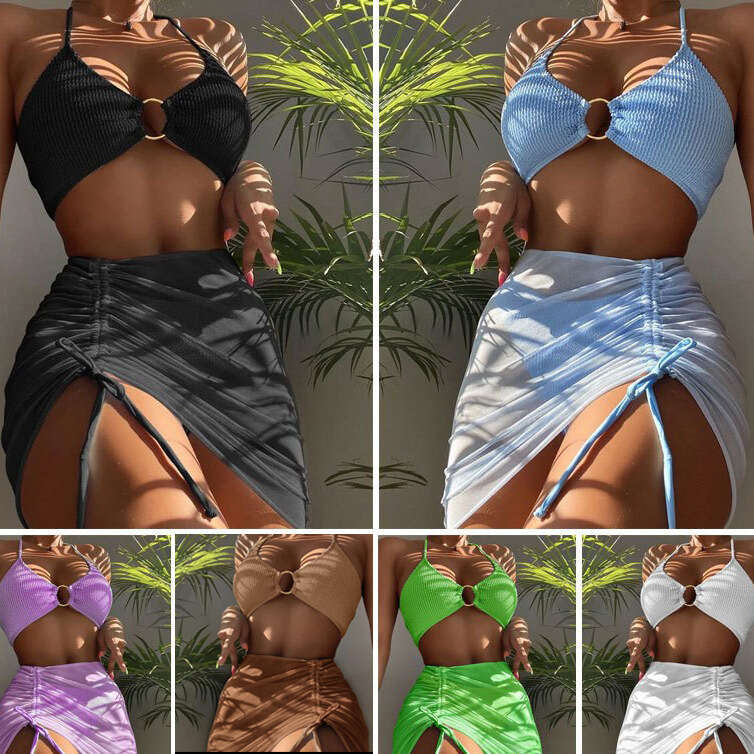 Bikini European and American split women's solid color sexy swimsuit three piece set hanging neck three-point bikini 2025 new casual versatile fa