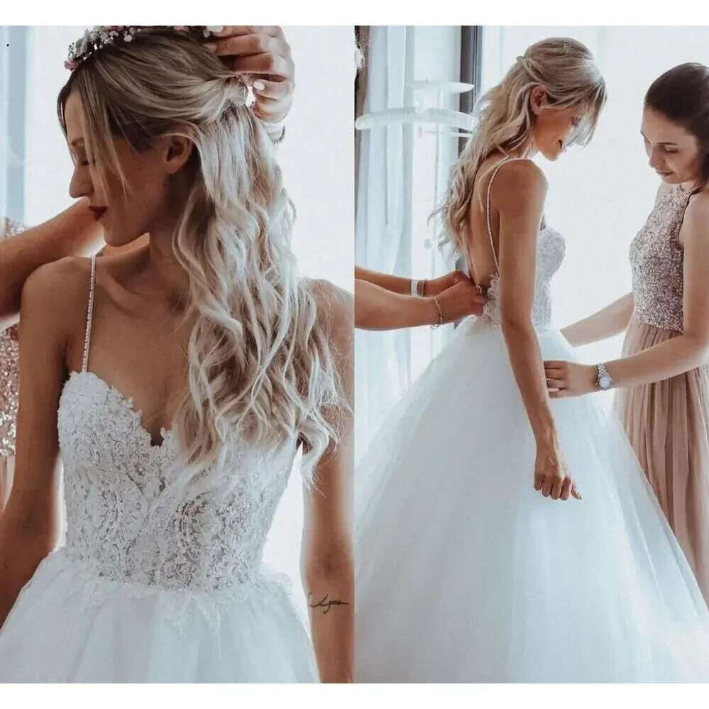 Summer Sexy Backless Wedding Dresses Spaghetti Straps A E Appliques Beads Bridal Gowns Western Garden Boho Robes De Mariage Custom Made BC