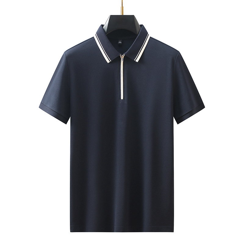 Short sleeved polo shirt men's collar solid color blue zipper casual summer new T-shirt men