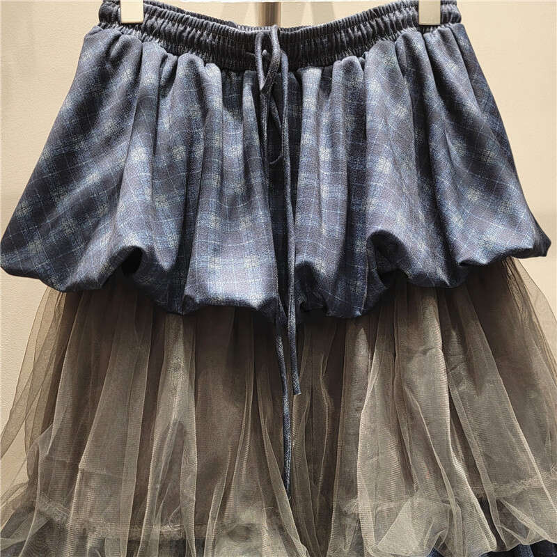 2024 Autumn New Niche Personality Sweet Girl Mesh Patchwork Grid Design Mid Cake Half Length Skirt