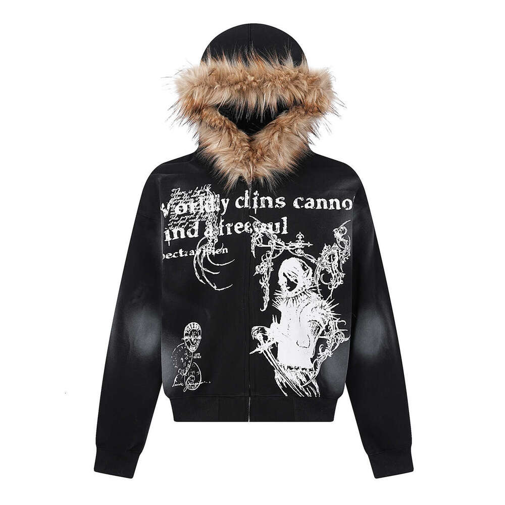 Jiayiku Men's 2025 New American Street Hairy Collar Hoodie Waste Soil Wind Stained Water Washed Cardigan Zipper Sweater