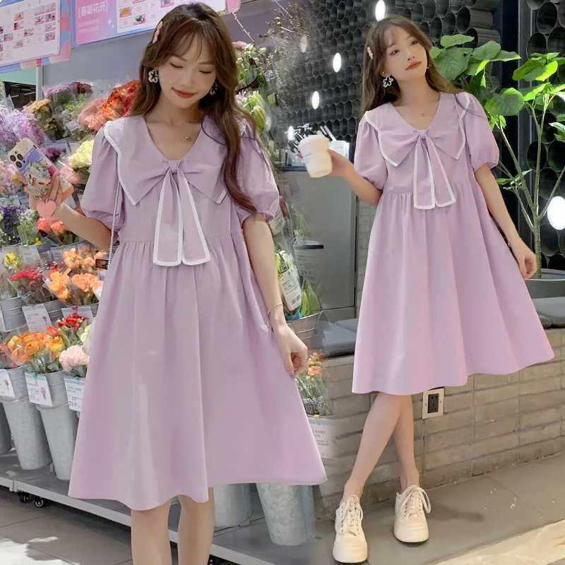2024 Summer Maternity Dress Sweet Bow Big Lapel Clothes for Pregnant Women Fashion Short Sleeve A Line Loose Pregnancy DressesT250311