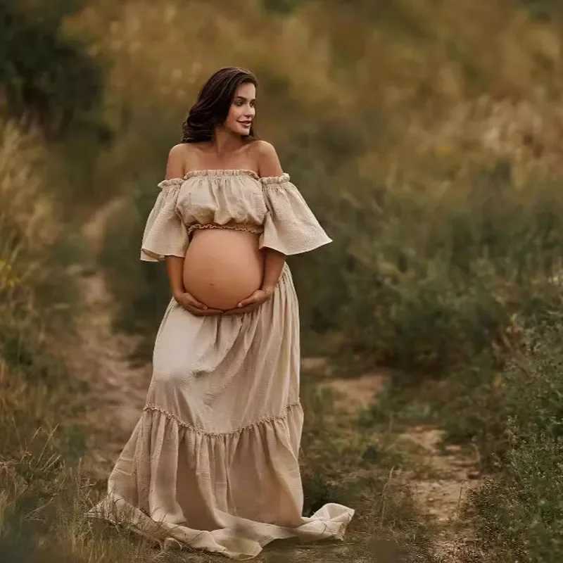 Womens Boho Two-Pieces Dress Muslin Vintage Top and Skirt Dress for The Maternity Photo Props Pregnancy X250224