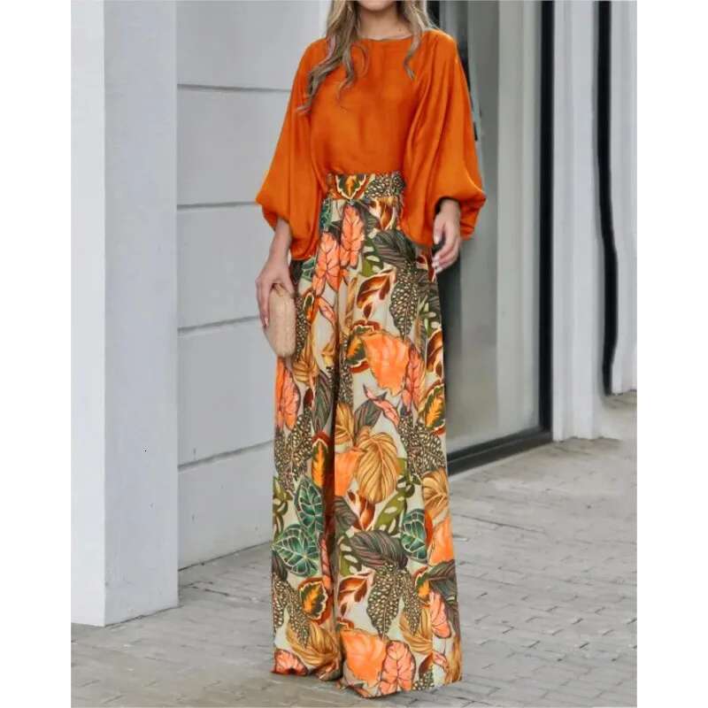 2024 Summer New Women's Clothing Lantern Sleeves Loose Top Printed Wide Leg Pants Two Piece Set Casual Ladies Trouser Outfit