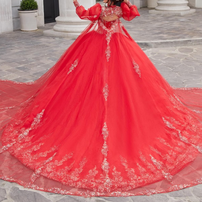 Red Shiny Quinceanera Dresses Ball Gown Off The Shoulder Applique Lace Beads Tull Puff Sleeve Party Birthday Sweet 16 Dress Vestidos 15 De Anos