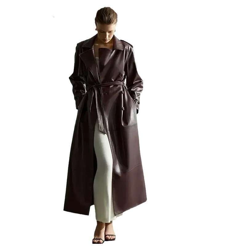 2024 Autumn Windbreaker With Elegant Temperament, PU Long Double Breasted Women's Lapel Coat