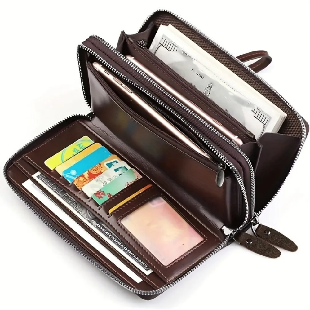 Oil Wax Leather Large Clutch Handbag Zipper Around Wallets Wristlet Card Business Phone Wallet Case for Men 250311