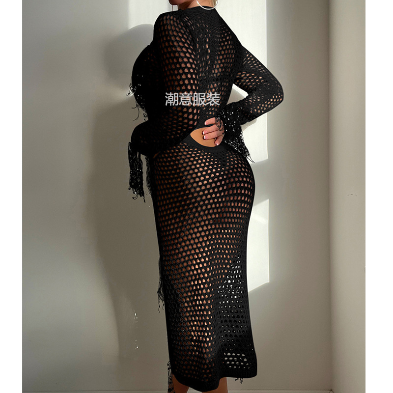 Hollow Knit Sequins, Tassel Round Neck, Exposed Waist Sleeved Vacation Dress, Swimsuit Outer Cover, Sun Protection Clothing, Long Skirt