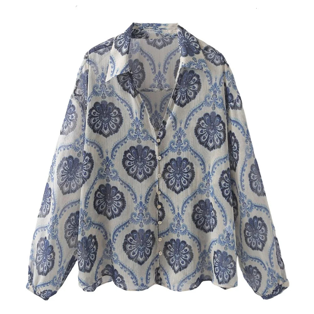 ZAR SpringSummer Womens European and American Style Lantern Sleeves Flip Collar Metal Thread Printed Shirt 250311