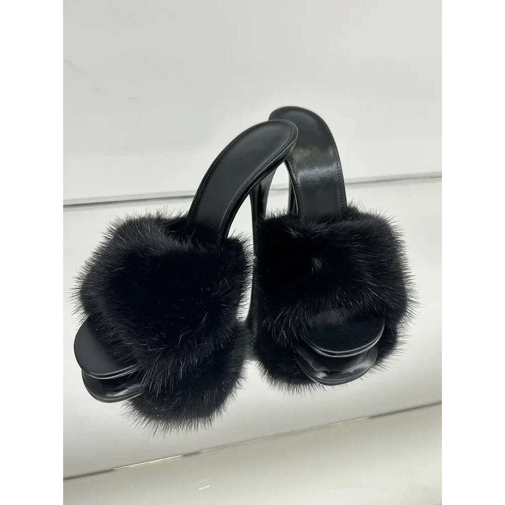High Heel Mink Fur High Heels Women Slim Heels Summer New Style Open Toe Slippers Sexy Fish Mouth Leather Party Sandals For Women