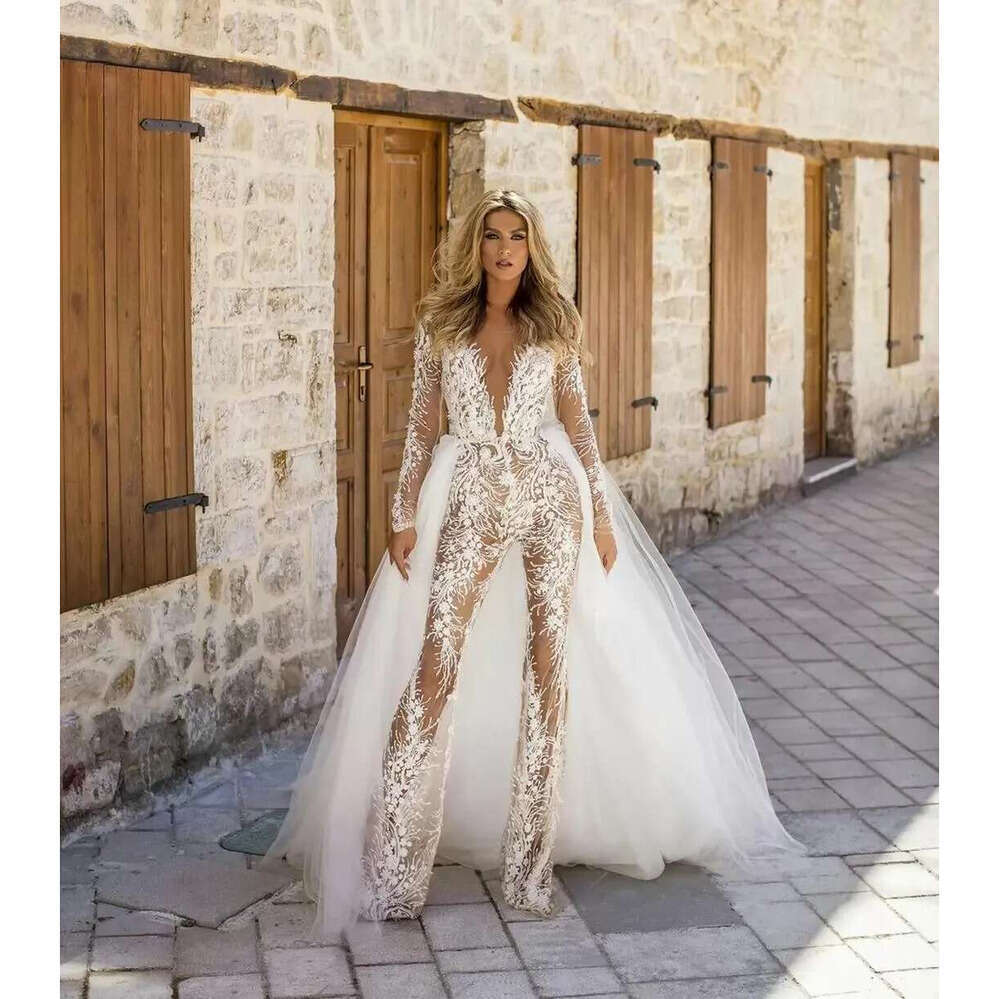 V Deep Neck Lace Jumpsuit See Through Wedding Dresses With Detachable Train Long Sleeve Bridal Gowns Vestido De Novia