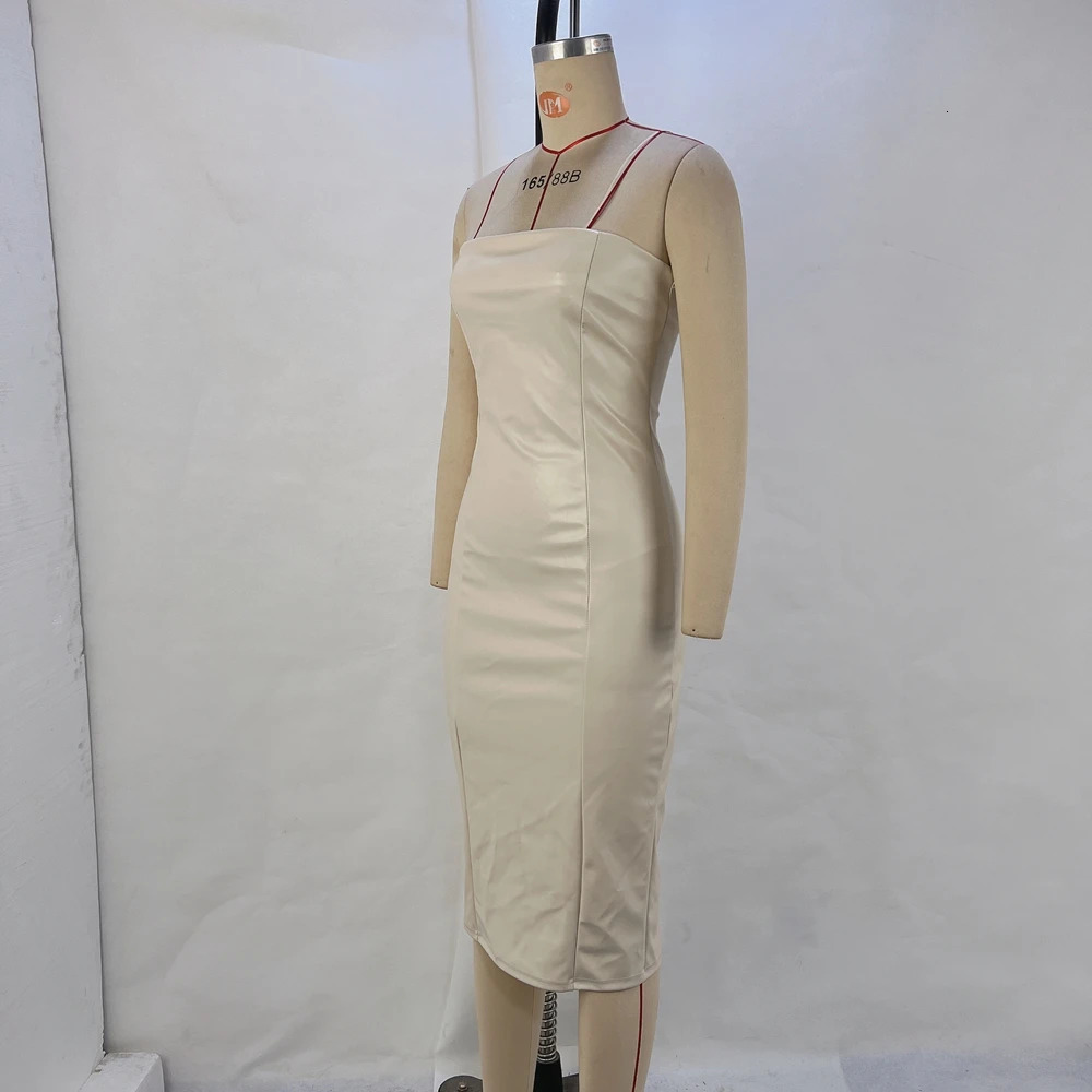 Autumn And Winter Fashion Solid Color PU Leather Sexy Strapless Waist Cinching Package Hip Dress For Women 250311