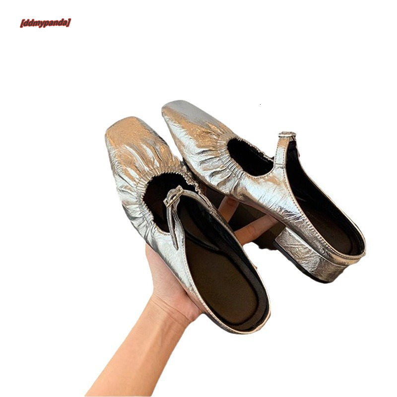 High end sheepskin version~Muse girl French square head pleated with one foot, water diamond buckle, Muller half drag for external fashion ddmypanda