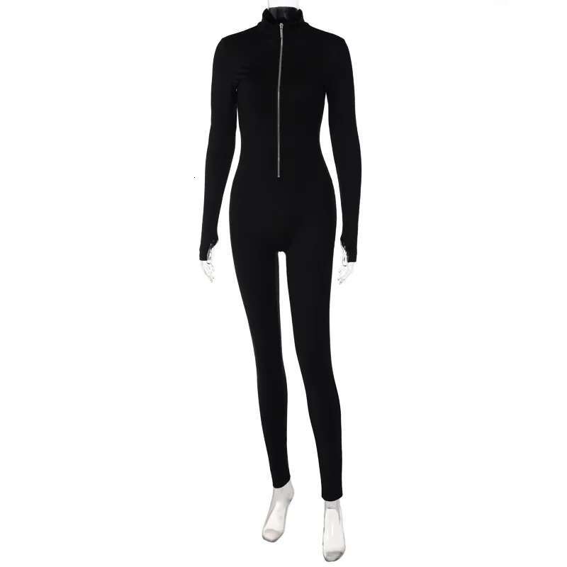 2024 Autumn/Winter Women's Deep V-Neck Zipper Back Long Sleeve Slimming Yoga Sports Stretch Street Wear Black Jumpsuit