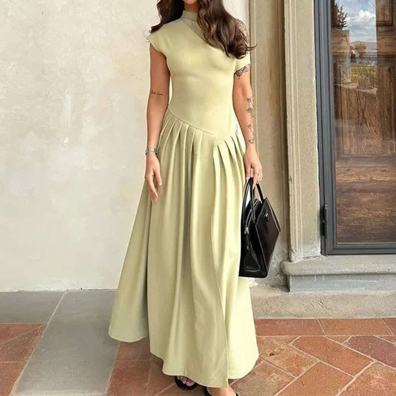2025 New Women's Solid Color Round Neck Sloping Shoulder Irregular Pleated Spring Dress For Women 661 KLMY