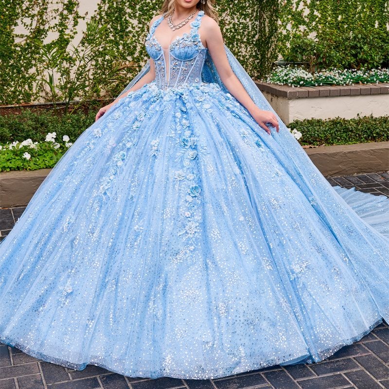 Sky Blue Shiny Quinceanera Dresses Ball Gown Lace Applique Beading Crystal Tull With Cape Corset Sweet 16 Dress Vestido De 15 Anos